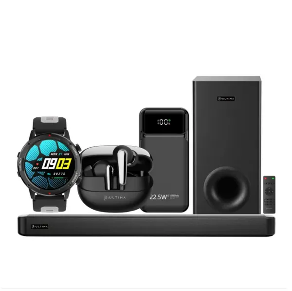 Ultima Lifestyle Combo: Wavebar 120W Soundbar + Active Smartwtach + Prime 1.0 Earbuds + Boost 20K Pro 20000mAh Powerbank
